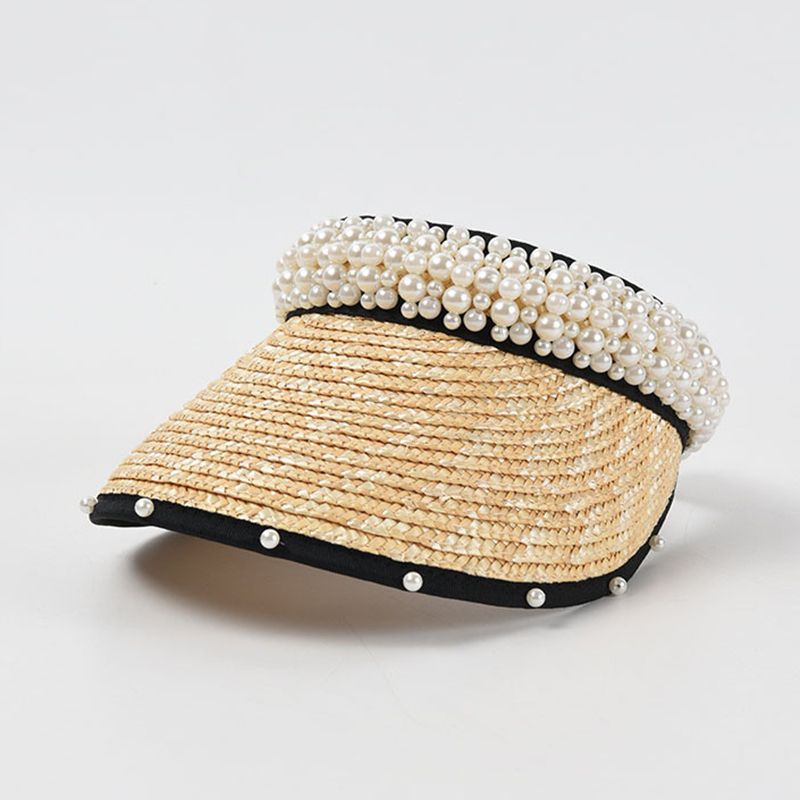 Modischer Sommerhut für Damen, handgefertigt, Stroh, leere Oberseite, Perlenschirmmütze, Visier, gebogene Krempe, Strandhut, Sonnenschutz, Urlaub_voghion.com