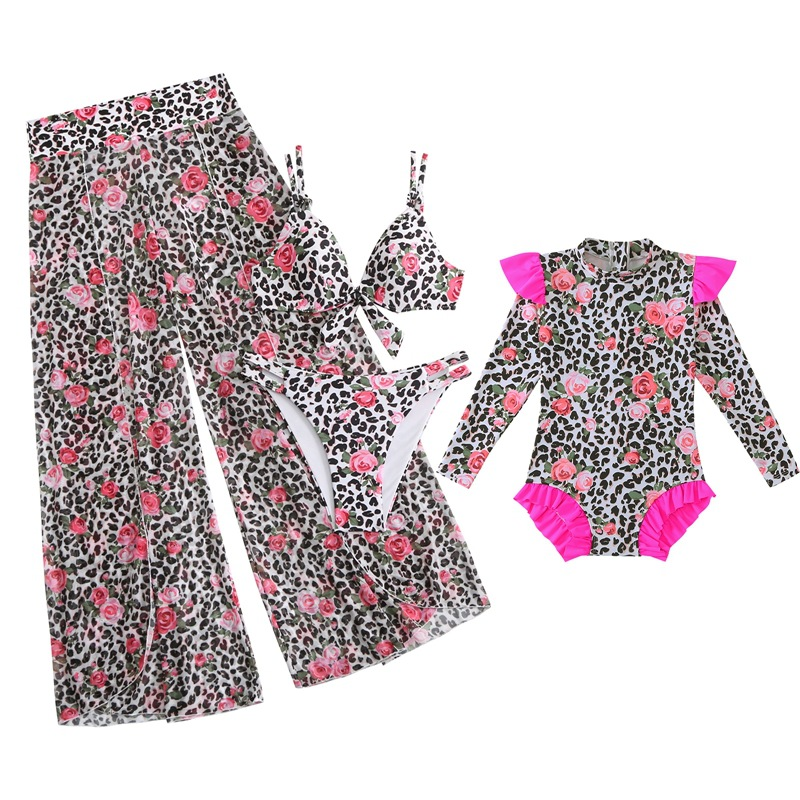 Mother&Kids swimwear Bikini three-piece mesh print pant swimwear_voghion.com