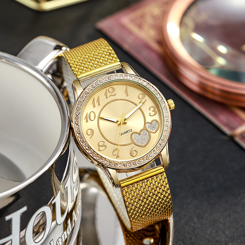 Pfirsich herz mesh quarzuhr student rose gold Liebe Diamant frauen uhr_voghion.com