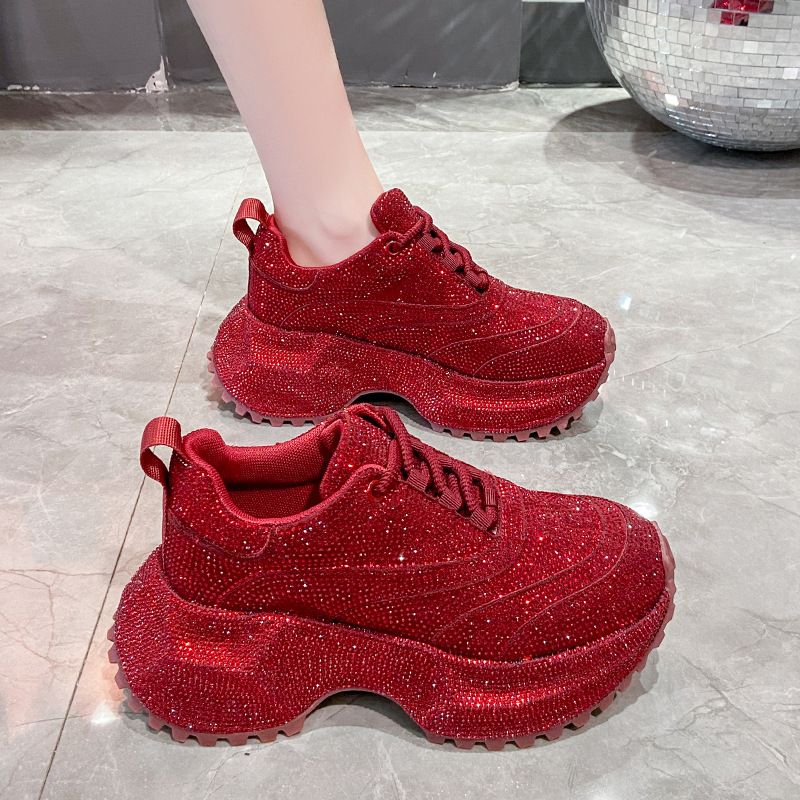 Modische Damen-Sneaker mit Strasssteinen – klobige Plateauschuhe für mehr Körpergröße, atmungsaktives Obermaterial aus PU, lässige und trendige Low-Top-Schnürschuhe_voghion.com
