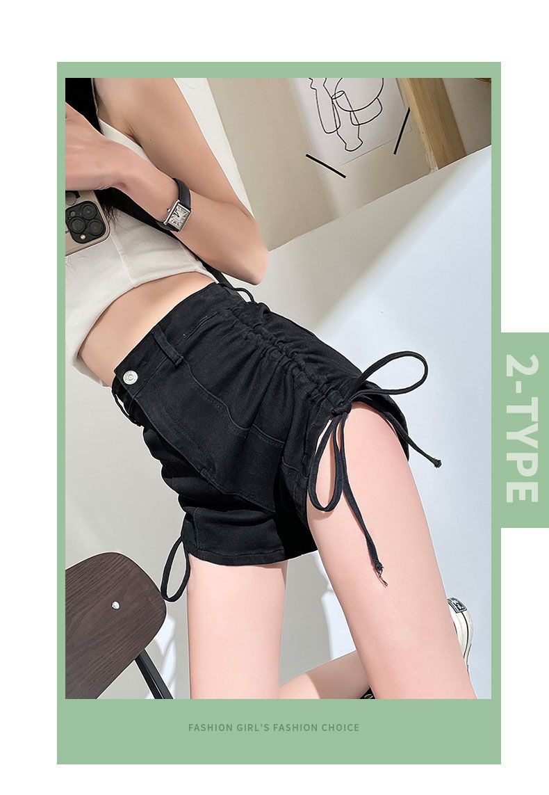 Strap drawstring denim shorts for women in summer, niche design with high waist slimming effect. Spicy girls have a_voghion.com