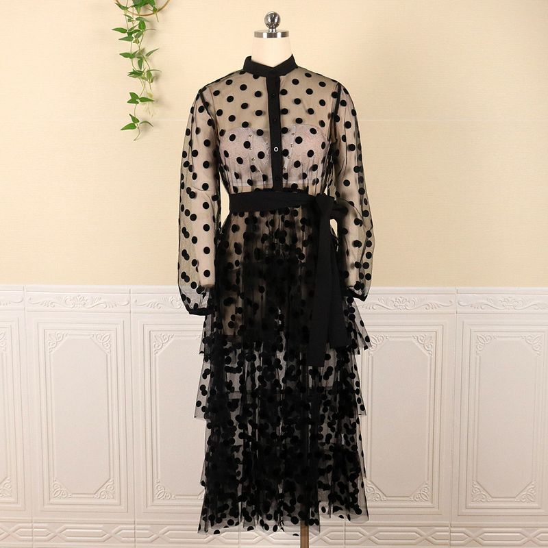 Women's Clothing Sexy see-through polka dot mesh tulle skirt with belt plus size_voghion.com