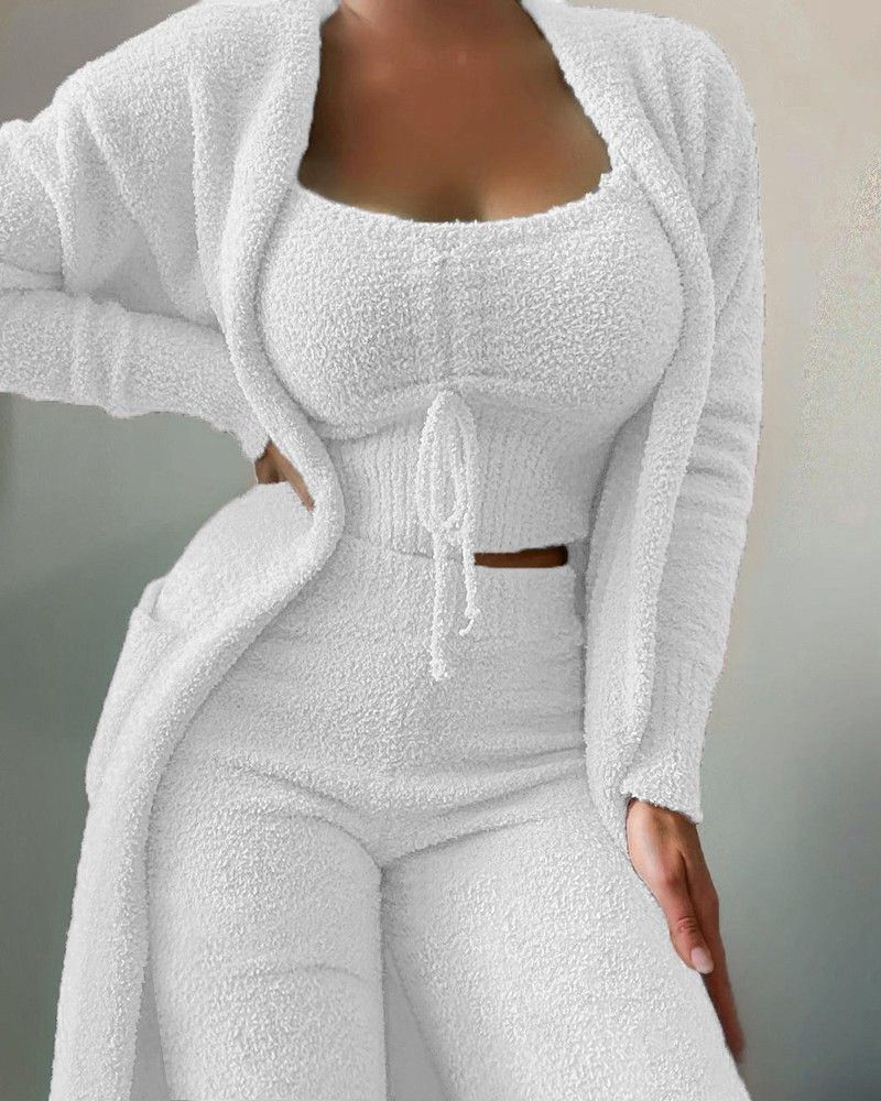 Women's 3-Piece Lace-Up Pajama Set – Soft Plush Lounge Wear (Short/Trousers, 9 Colors) | Home & Sleepwear_voghion.com
