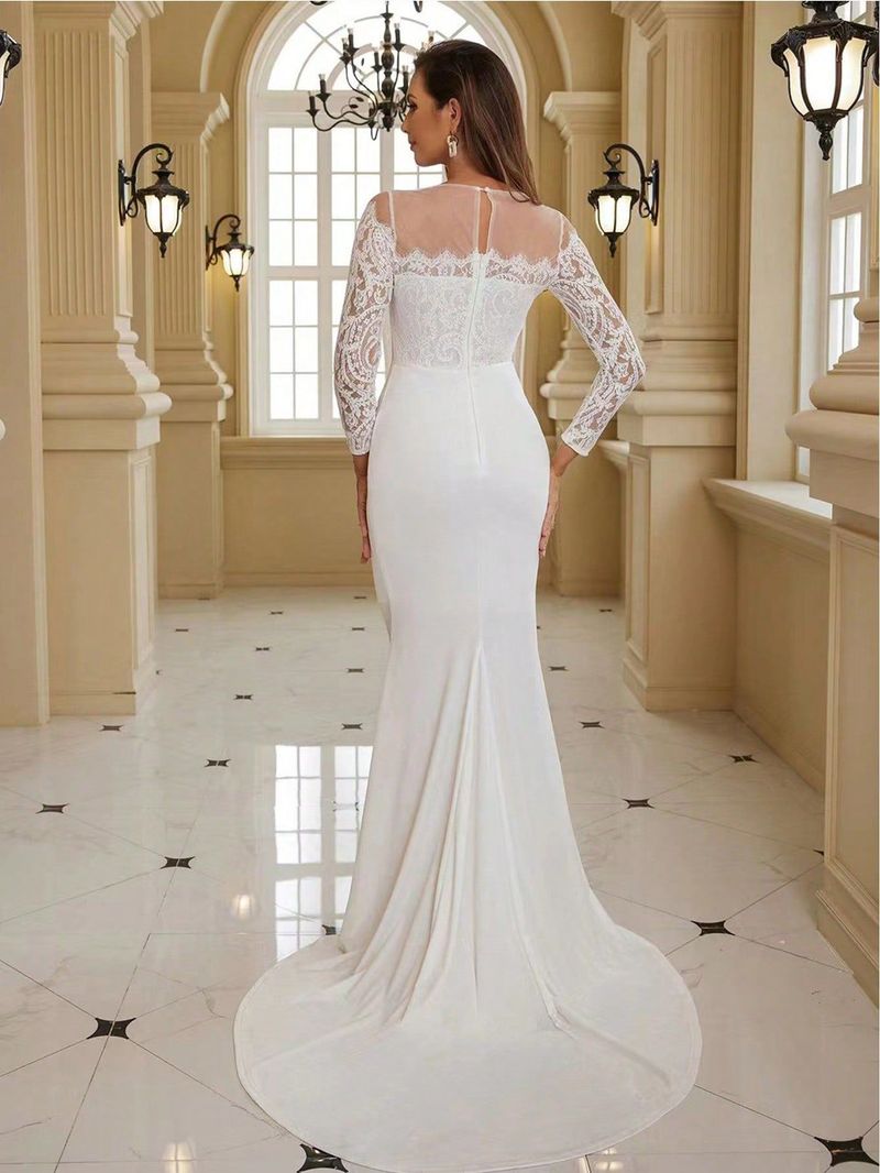 Elegante abito da sposa in pizzo taglie forti con maniche lunghe e strascico, abito formale con scollo a V profondo per spose, banchetti serali e occasioni speciali._voghion.com