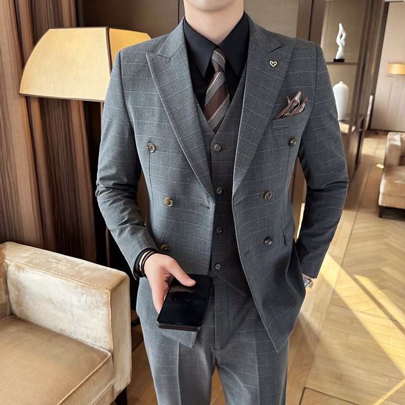 CT Herren Herbst Winter Dreiteiliges Business Casual Plaid Zweireihiges Reversanzug-Set Live-Streaming_voghion.com