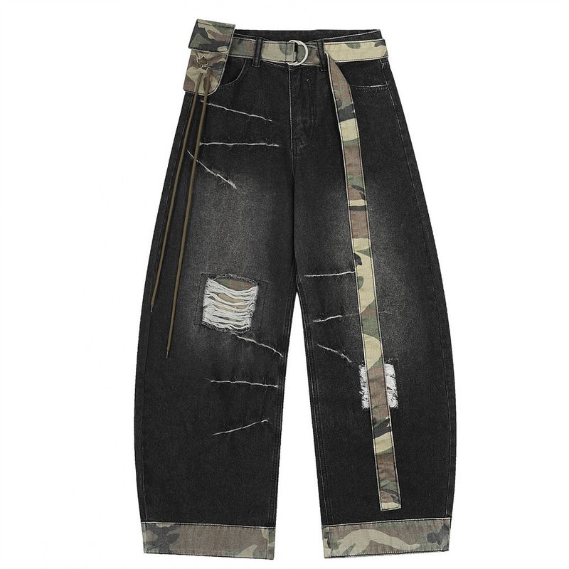 Color Block Patchwork Distressed Denim Scimitar Pants Men's High Street Trendy Vibe With Belt Loose Wide-Leg Trousers_voghion.com