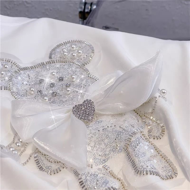 Dametøj Tredimensionel diamant-pailletbroderi tegneserie-kortærmet T-shirt til kvinder Sommer Løs Mode Aldersreducerende Toppe_voghion.com
