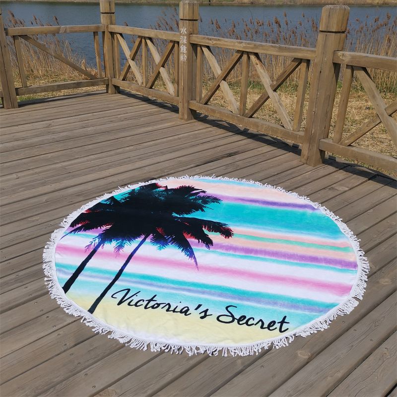 Asciugamano da spiaggia rotondo con stampa attiva, motivo palma da cocco hawaiano, in velluto tagliato, assorbente, in cotone spesso e con nappe_voghion.com