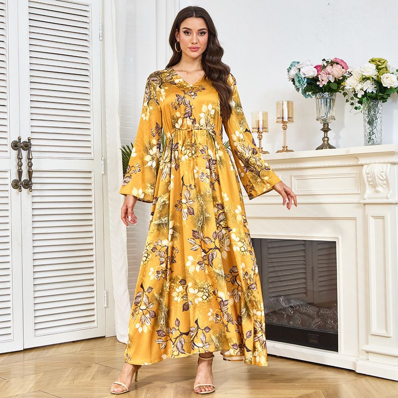 Robe Clothing Factorys nya tryckta gula midjebantande långärmade klänning för kvinnor_voghion.com