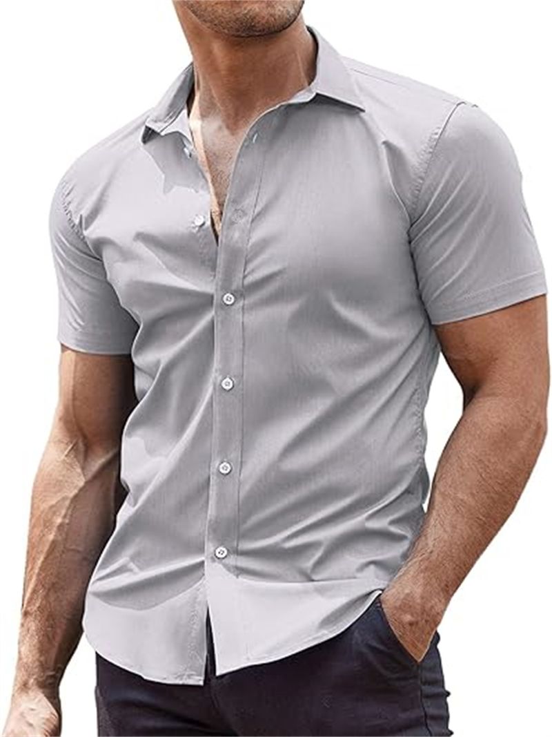 Kurzarm-Button-Down-Hemd für Herren – Atmungsaktives Freizeithemd aus Baumwollmischung für Sommer und Strand_voghion.com