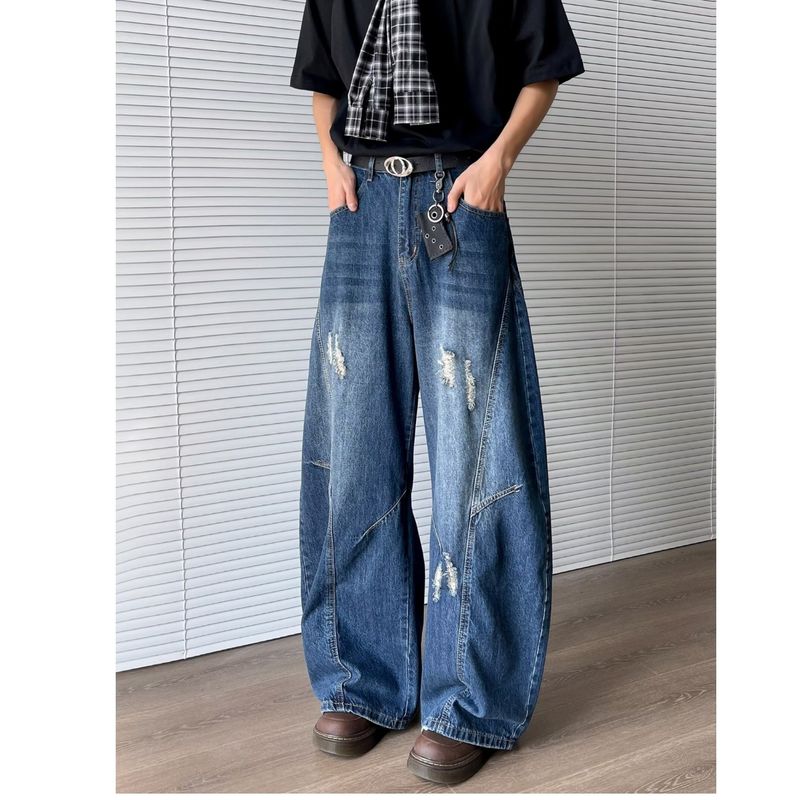 Yıkanmış ve Aşınmış Kavisli Bıçak Pantolon Erkekler İçin, Amerikan Hip-Hop Sokak Geniş Pantolonları, Bol Düz Paça Pantolonlar_voghion.com