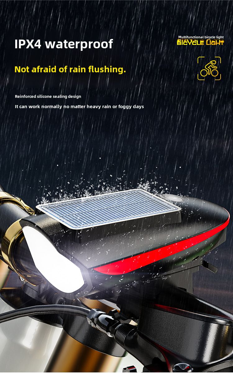 Luz de bicicleta con carga solar Luz de conducción Luz de bocina potente Linterna para equipo de exterior Faro de bicicleta_voghion.com