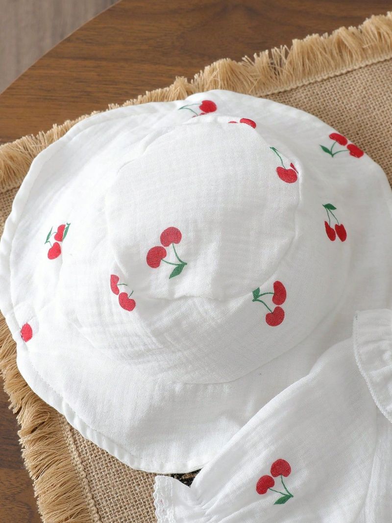 Baby Girl's Printed Collar Top + Shorts + Hat Set – Soft Polyester 3-Piece Outfit (6M-3Y)_voghion.com