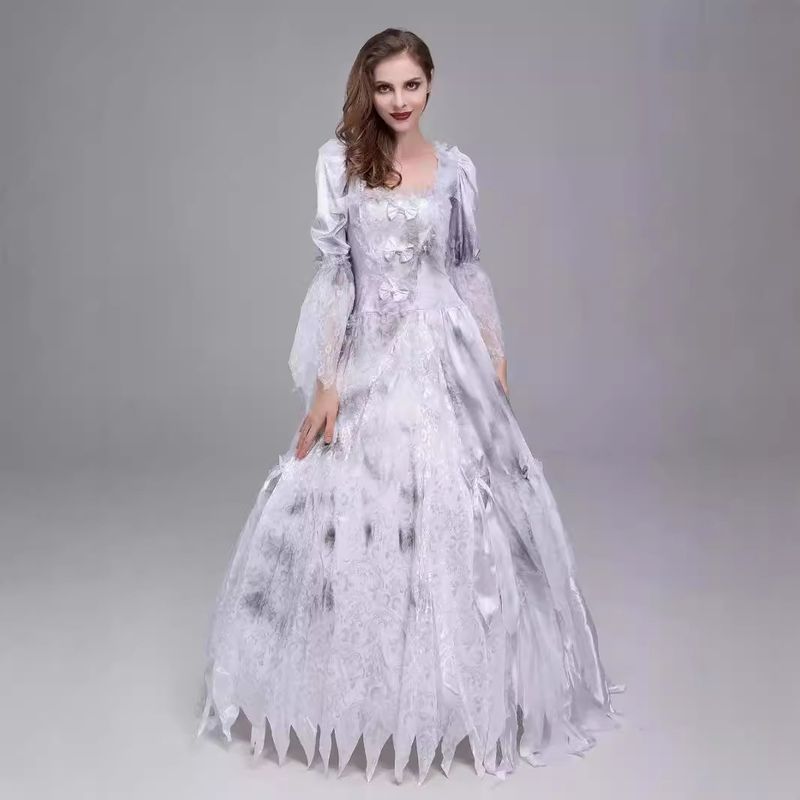 Palace ruudukujuline krae võrgust pikk cosplay Halloweeni kummituspruudi kostüümide esinemiskleit_voghion.com