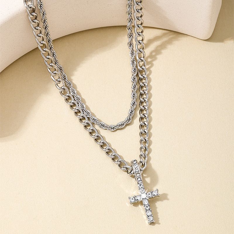 Pezzo 1 Collana da donna con croce a doppio strato in stile cubano per banchetto, stile alla moda, per festa di fine anno_voghion.com