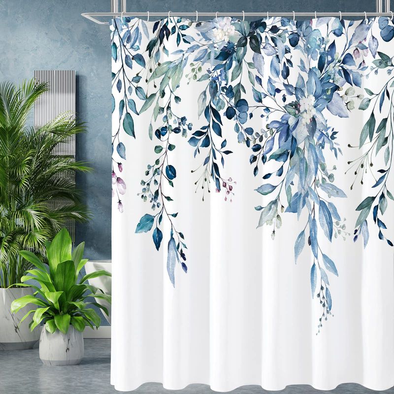 Cross-border Source Digital Printing Single Layer Blue Eucalyptus Waterproof Shower Curtain Set 72x72inch_voghion.com