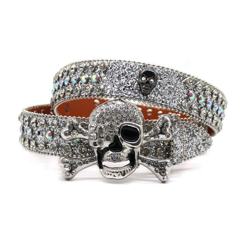 Silver Skull Head with Men's Inlaid Rhinestone Belt Personalized Hip Hop Punk Style_voghion.com