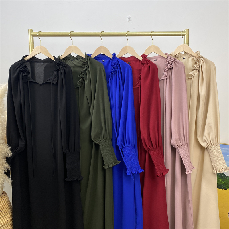 Moda feminina simples cor sólida vestido muçulmano feminino_voghion.com