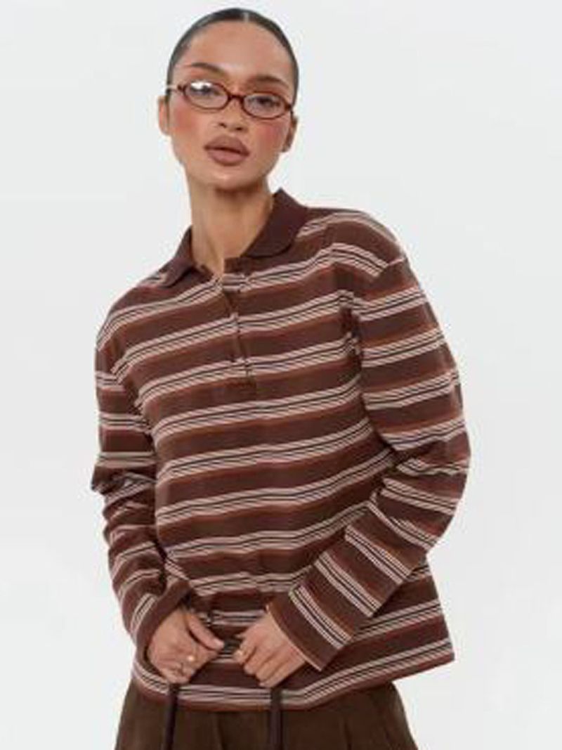 Polo a righe a maniche lunghe da donna - Top casual vintage in misto cotone dalla vestibilità ampia per la primavera e l'estate_voghion.com