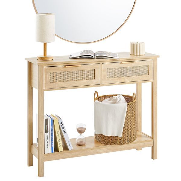 Rattan Console Table With 2 Storage Drawers Rattan Sliding Door Natural_voghion.com