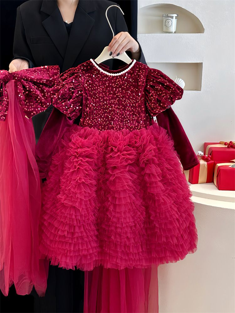 Abbigliamento per bambini Capodanno Natale Autunno e inverno Ragazze Gonna rossa con paillettes Abito di alta qualità Fiocco Fiore Ragazza Temperamento Tutu Gonna a ruota_voghion.com