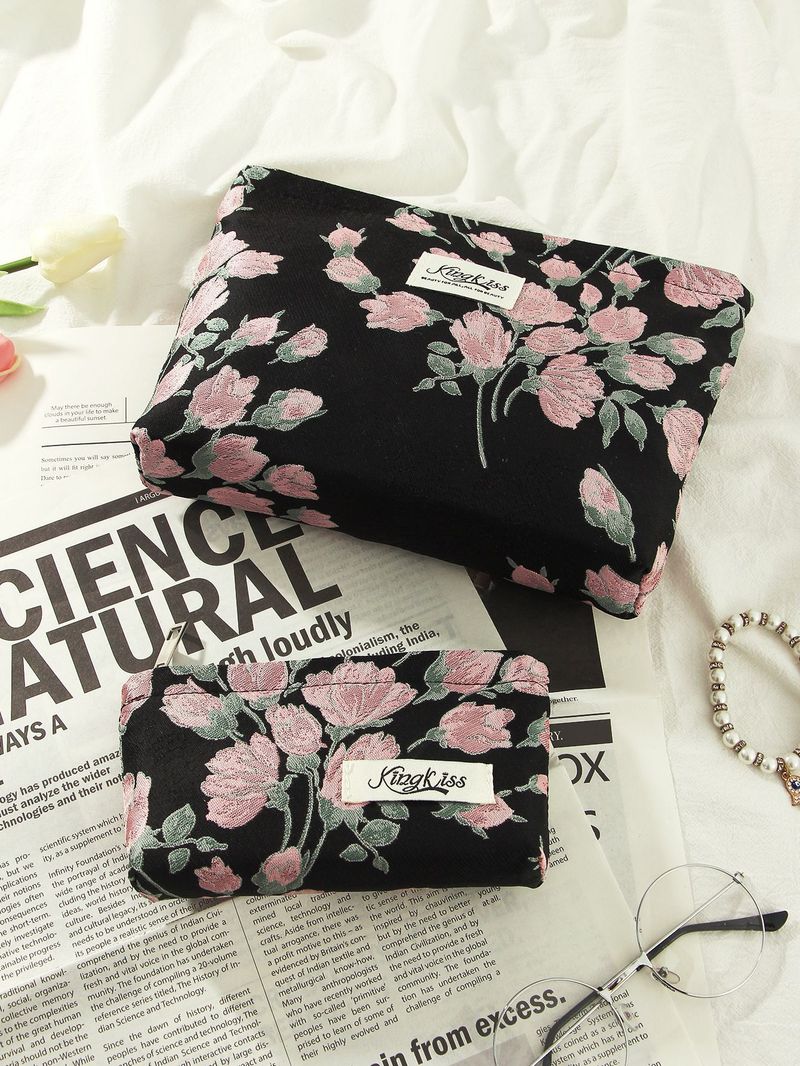 Dark Red Flower Cosmetic Bag Niche Portable High Value Wash Bag Storage Bag Zipper Bag Large Capacity_voghion.com