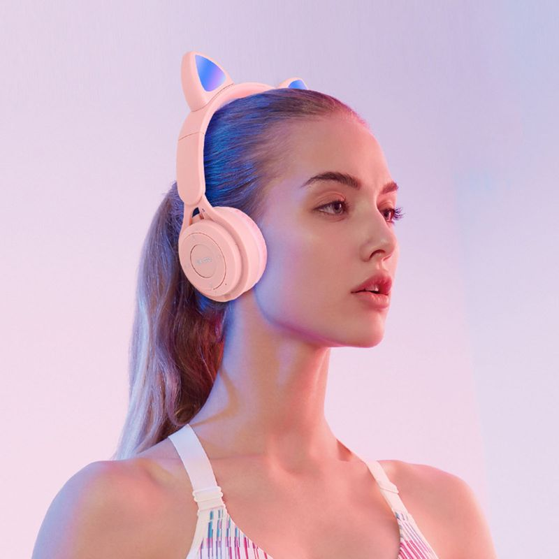 MZ08 Headphone Bluetooth 5.0 Reduction Heavy Bass Foldable Storage Cute Cat with Gradient Light Wireless Headset Office_voghion.com