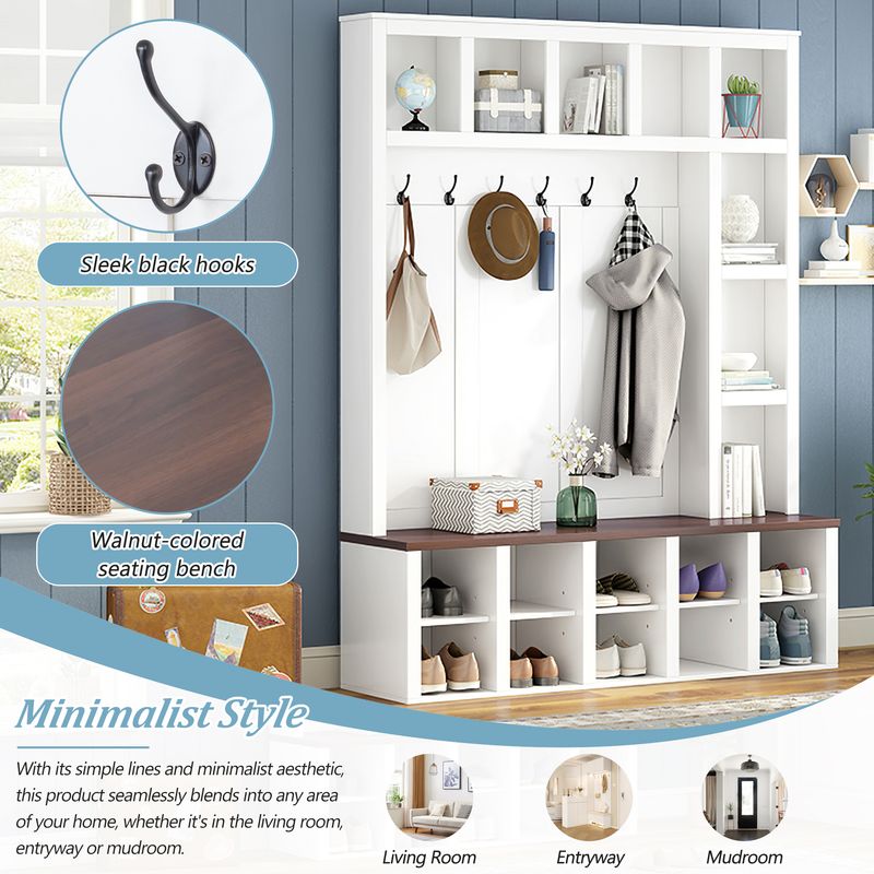 ON-TREND Farmhouse Wooden Style Hall Tree With 6 Hooks, Practical Walnut Storage Bench With Adjustable Shelves, 4-in-1 Entryway Shoe Cabinet With 13 Cubbies For Mudroom, Living Room, White, 76.7"H_voghion.com