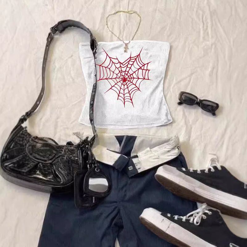 New American Red Spider Web Print Slim Fit Exposed Navel Short Style Sexy Strapless Top For Spicy Girls_voghion.com
