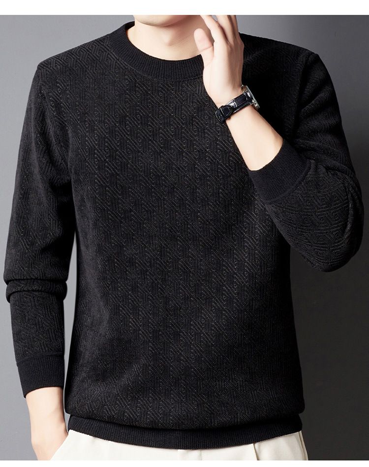 Herrenbekleidung Winterpullover für Herren Plus Samt Verdickter Jacquard-Karos All-in-One-Samt Warmes Oberteil Einfarbiger Rundhalspullover_voghion.com
