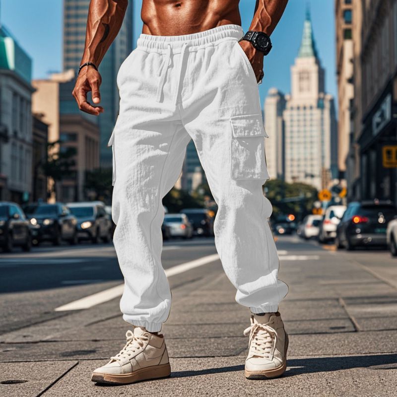 Autumn Winter New Men's Casual Multi-Pocket Long Closed Front Drawstring Cotton Linen Straight-Leg Jogger Pants_voghion.com