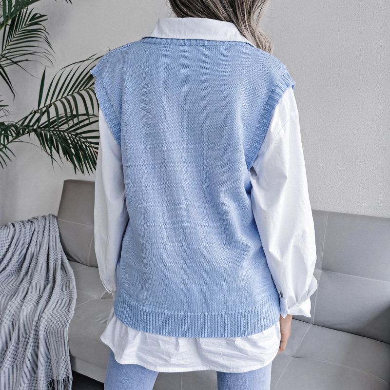 Pull tricoté à col en v pour femme, vêtement style Ins, ajouré et torsadé, collection automne et hiver 2023_voghion.com
