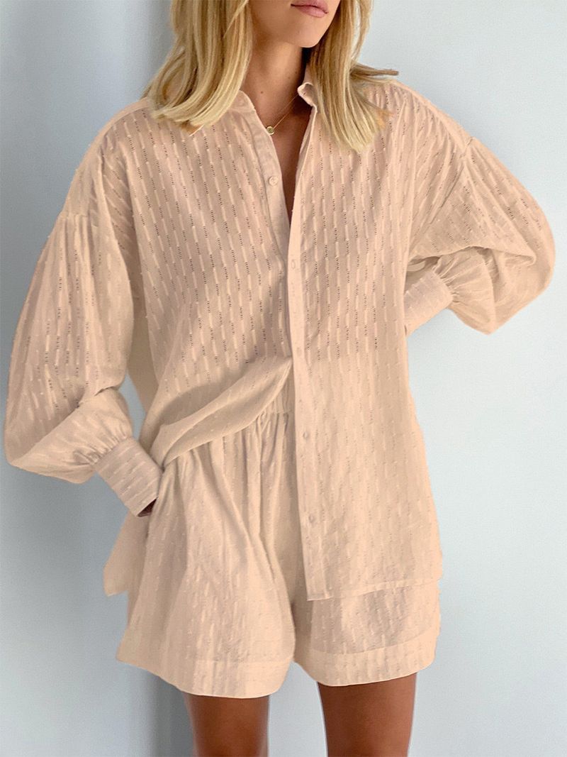 Elegante camicetta jacquard con maniche a sbuffo e pantaloncini coordinati - Misto poliestere traspirante per ufficio e abbigliamento casual_voghion.com