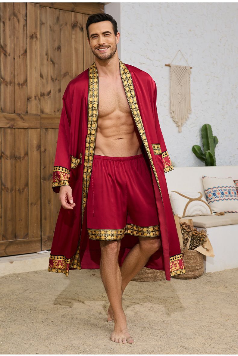 Herreklær Barokkstil Satin Robe Shorts Dress Nattkjole_voghion.com