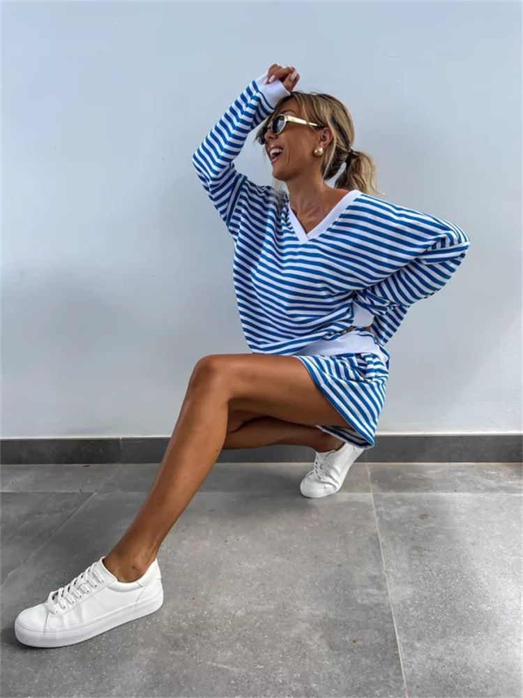 Ensemble 2 pièces décontracté à rayures pour femme, haut ample à manches longues et col en V, short de sport_voghion.com