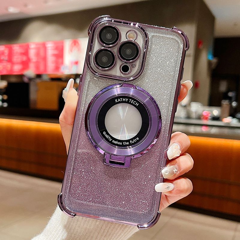 Custodia magnetica Magsafe con glitter sfumato per iPhone 15 14 13 12 11 Pro Max Plus con placcatura per ricarica wireless e supporto per telefono_voghion.com