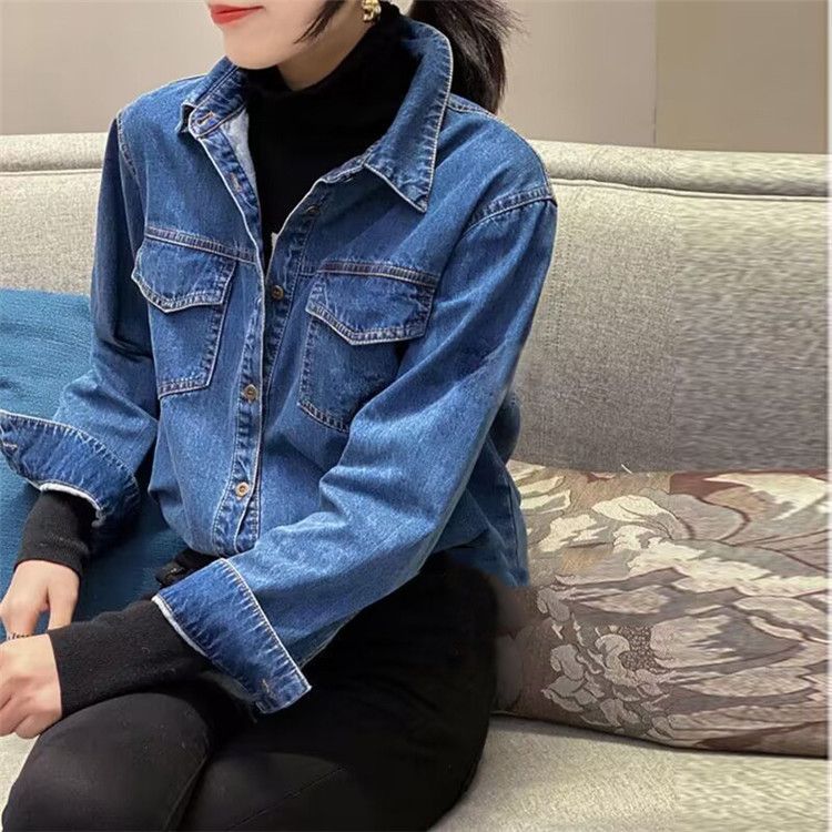 Vintage Jeanshemd im Hong Kong-Stil für Damen – Retro-blaues Oversized-Button-Down-Shirt mit klassischem Kragen, Freizeit- und Bürokleidung_voghion.com