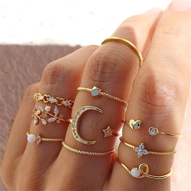 Hip-Hop Style Niche Inlaid Rhinestone Set Open Star Moon Heart Stacking Knuckle Ring_voghion.com