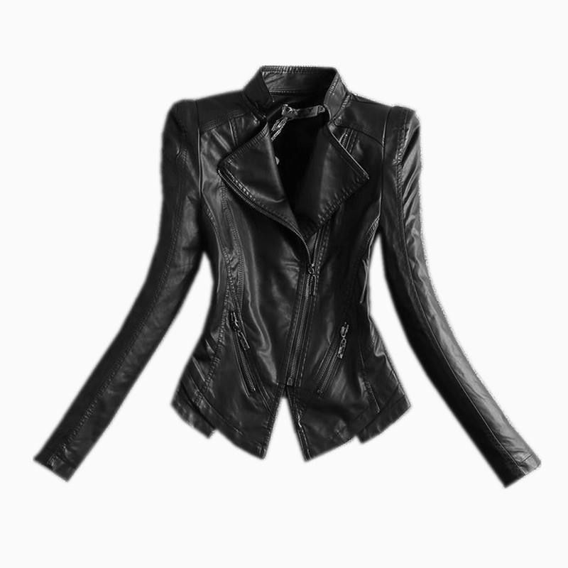 Veste de moto courte et polyvalente en cuir pour femme, coupe ajustée, col montant, style coréen, printemps-automne 2023_voghion.com