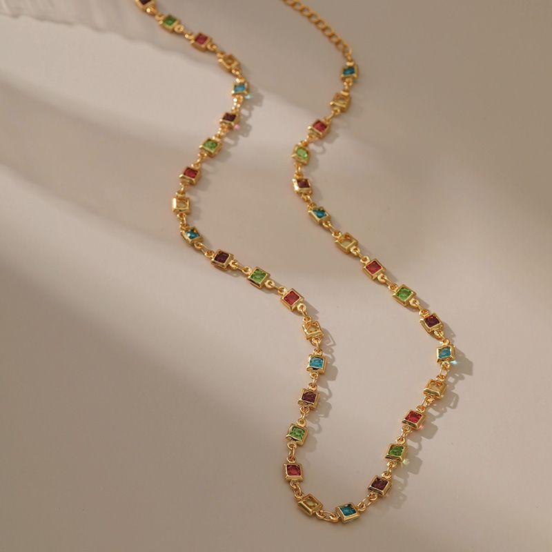 Yiwu Jewelry Square Colored Zircon Creative Niche Design Versatile Handmade Bead Genuine Gold Necklace_voghion.com