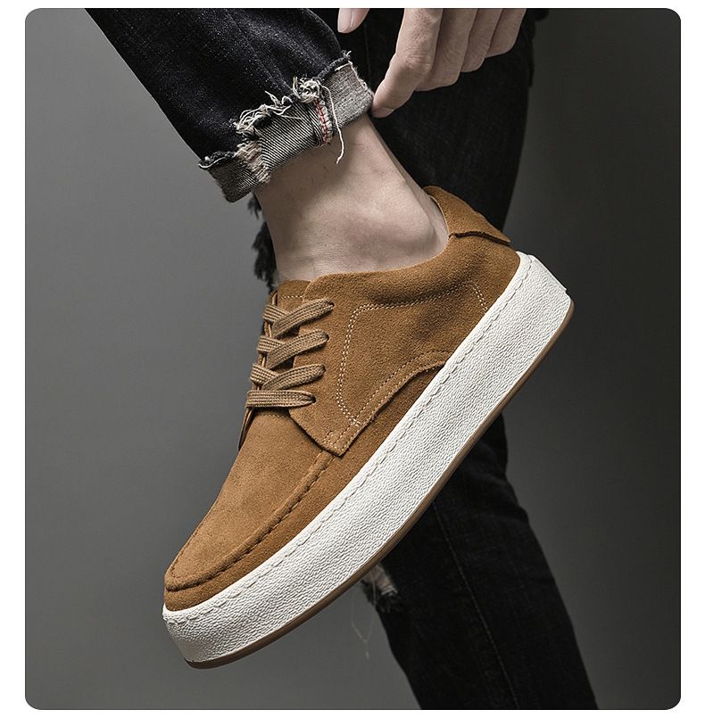 Atmungsaktive Herrenschuhe mit runder Zehenkappe, weiße Wildlederschuhe mit dicker Sohle, trendige Freizeitschuhe_voghion.com