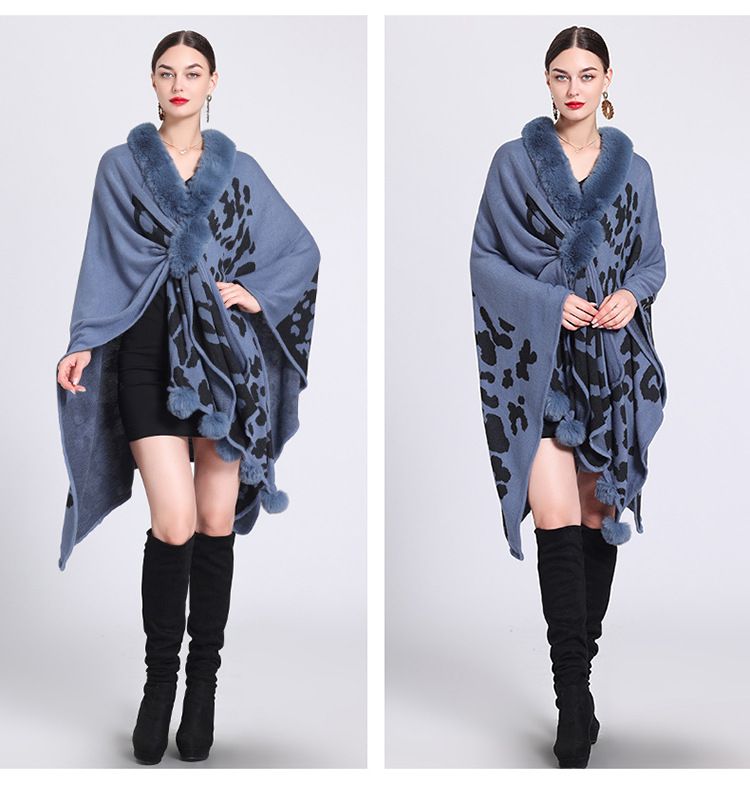 Mantella con collo di pelliccia, mantello con palla di pelliccia, mantello jacquard in maglia larga, cappotto di grandi dimensioni_voghion.com