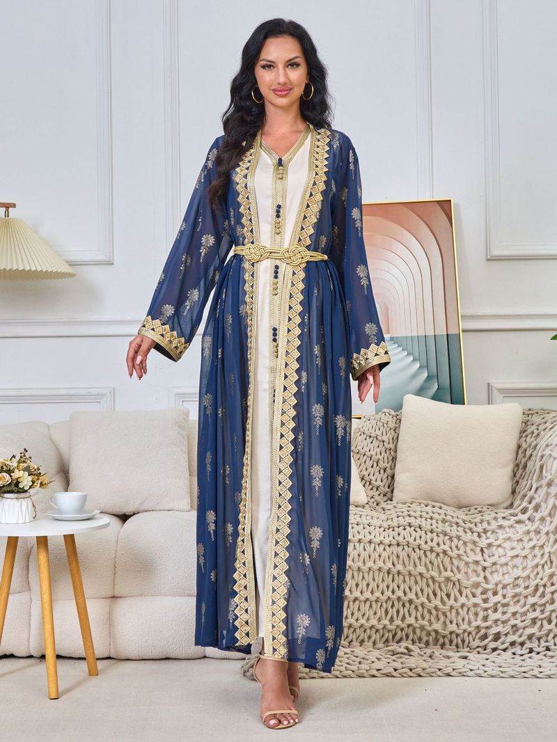 K Damenkleid, lange Robe, bestickte Strickjacke, Weste, zweiteiliges Kleid;_voghion.com