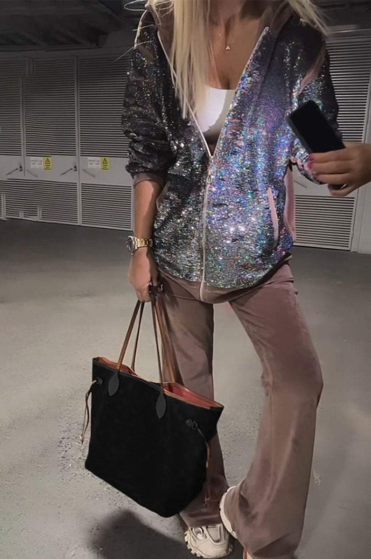 Damkläder Hettsäljande Stjärnhimmel Paljetter Casual Rundhalsad Långärmad byxdress_voghion.com