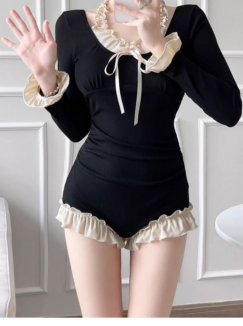 Maillot de bain une pièce à manches longues pour femme, style français, amincissant et conservateur, dissimulant le ventre, source chaude_voghion.com
