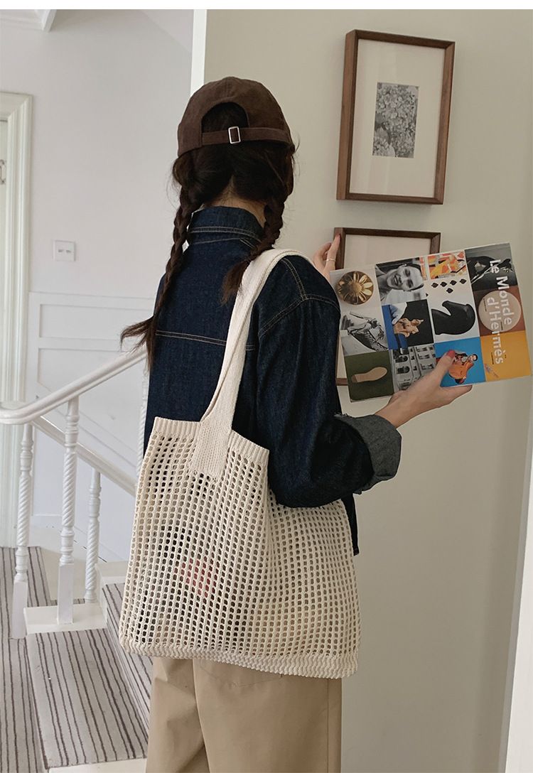 Borsa a tracolla da donna, borsa in maglia, borsa retrò in rete traforata, borsa tessuta a mano, borsa a tracolla portatile in lana, borsa per la spesa_voghion.com