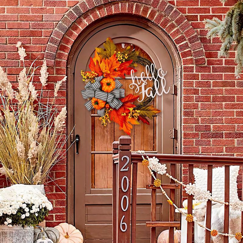 Cross-border Autumn Bow Artificial Garland Harvest Festival Pumpkin Berry Rattan Circle Thanksgiving Decorative Wall Hanging_voghion.com