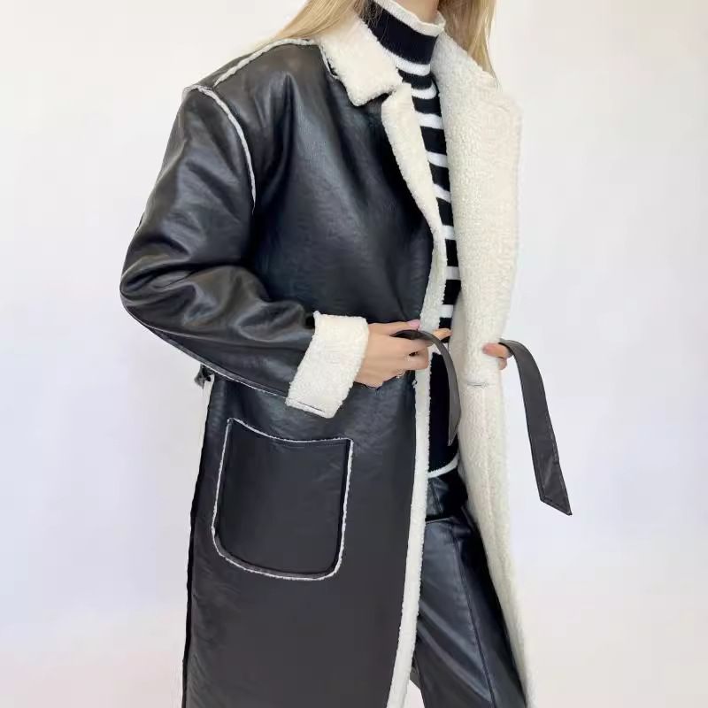 Giacca a vento spessa in pelle casual da donna, autunno inverno, giacca allacciata alla moda e ampia per le donne_voghion.com