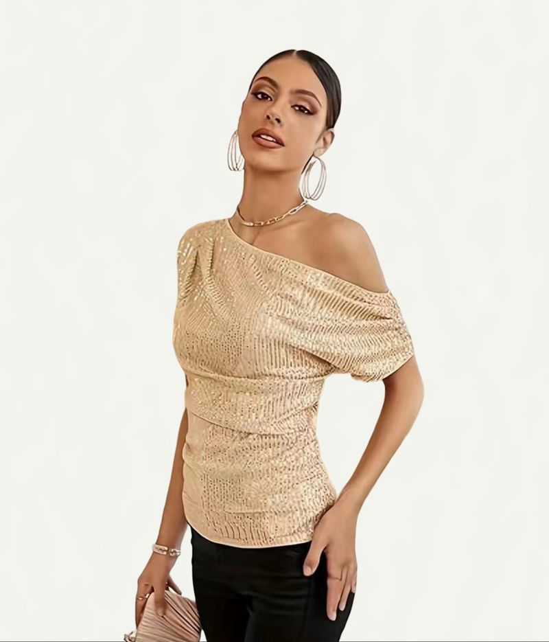 Vêtements pour femmes T-shirt d'été à manches courtes et col oblique avec perles pailletées et paillettes_voghion.com
