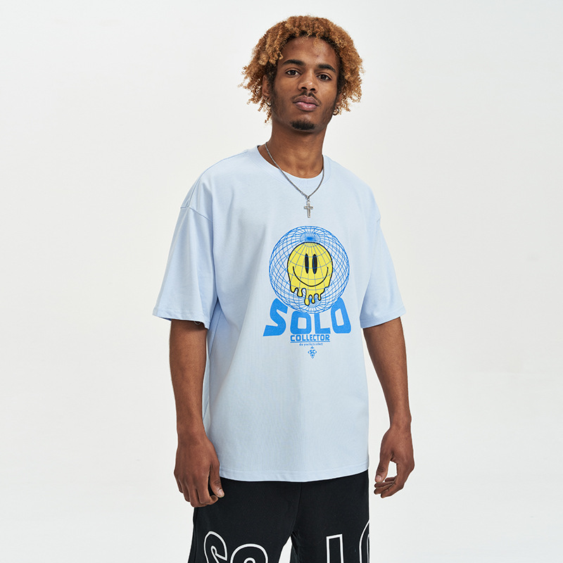 Amerikansk Smiling Face rund halsad kortärmad herr-T-shirt i bomull med tryck i sommarstil_voghion.com